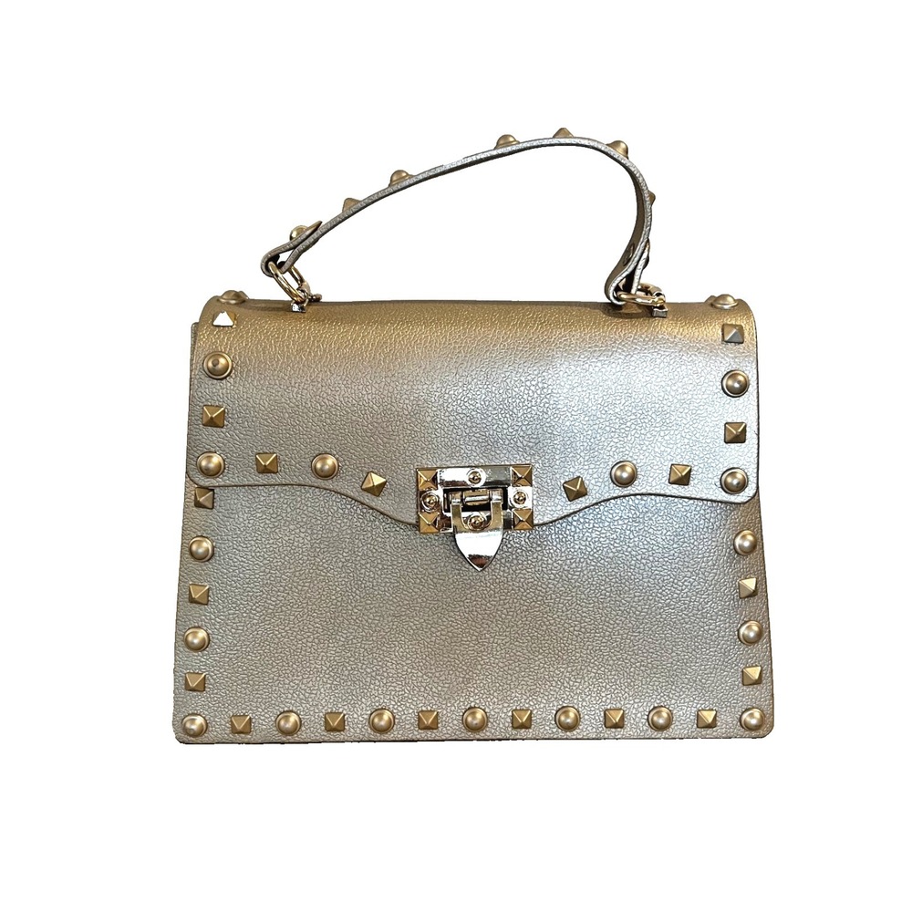 Studded Top Handle Satchel Purse Gold Taupe Rubber Box Bag Rockstud Style